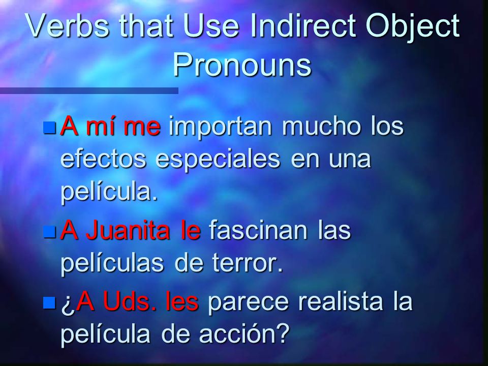 Verbs that Use Indirect Object Pronouns (a mí)me (a ti) te (A Ud.) (A él)le (A ella) (A nosotros)nos (A nosotras) (A vosotros)os (A vosotras) (A Uds.) (A ellos)les (A ellas)