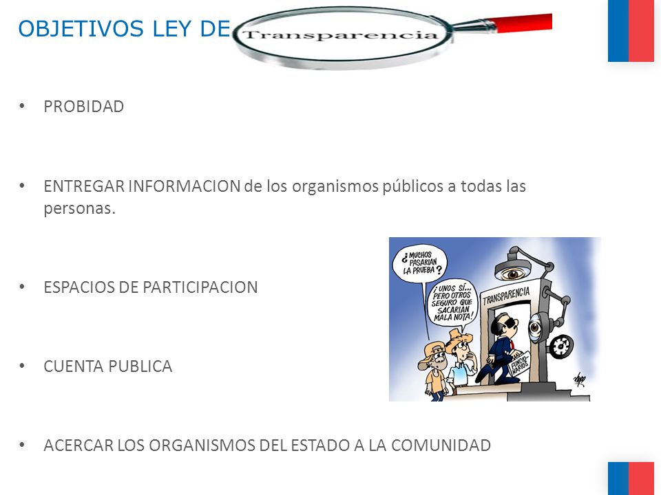 OBJETIVOS LEY DE PROBIDAD ENTREGAR INFORMACION de los organismos públicos a todas las personas.