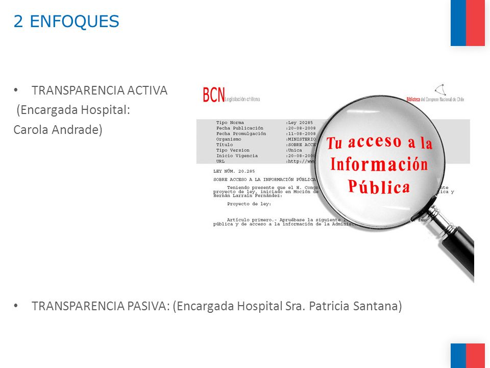 2 ENFOQUES TRANSPARENCIA ACTIVA (Encargada Hospital: Carola Andrade) TRANSPARENCIA PASIVA: (Encargada Hospital Sra.