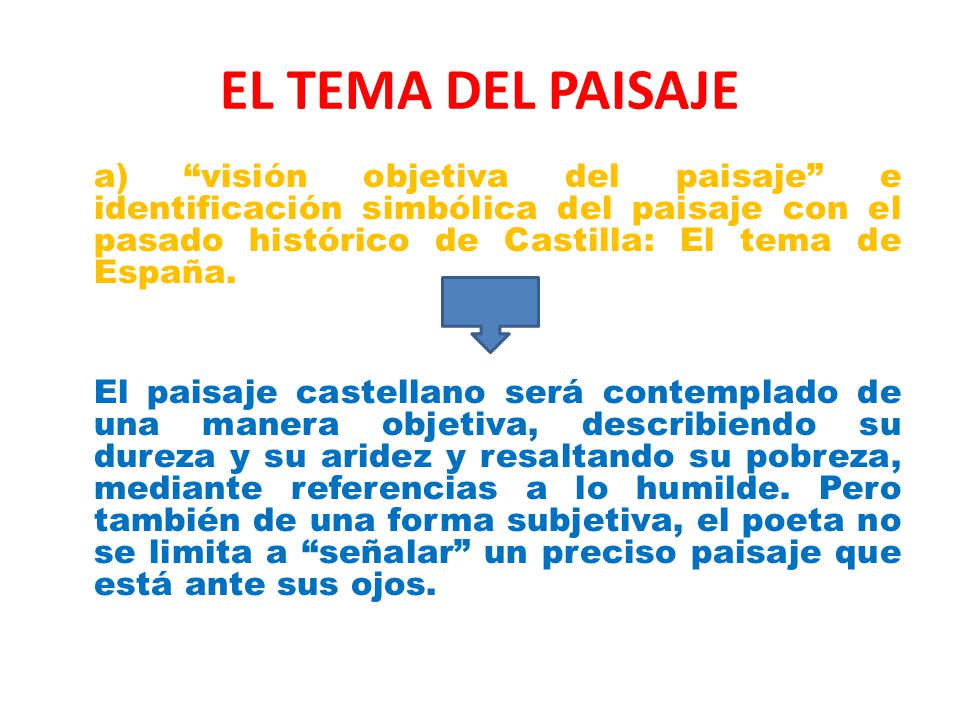 EL TEMA DEL PAISAJE a) visión objetiva del paisaje e identificación simbólica del paisaje con el pasado histórico de Castilla: El tema de España.