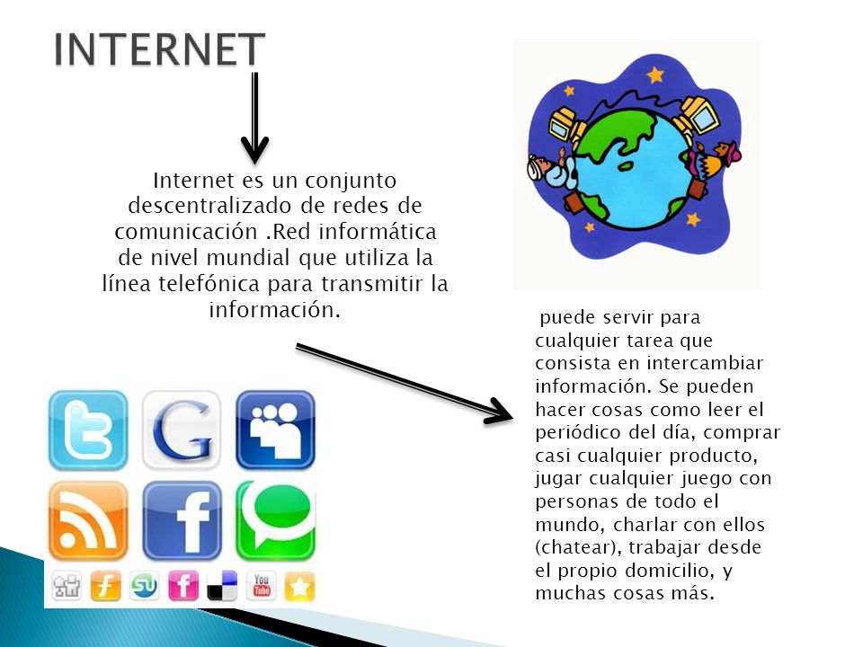 Internet es un conjunto descentralizado de redes de comunicación.Red informática de nivel mundial que utiliza la línea telefónica para transmitir la información.