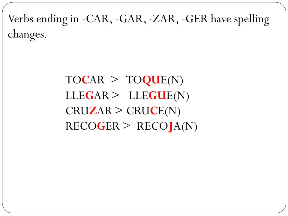 Verbs ending in -CAR, -GAR, -ZAR, -GER have spelling changes.