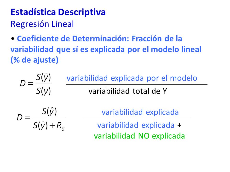 Estadística Descriptiva Regresión Lineal Coeficiente de Determinación: Fracción de la variabilidad que sí es explicada por el modelo lineal (% de ajuste) variabilidad explicada por el modelo variabilidad total de Y variabilidad explicada variabilidad explicada + variabilidad NO explicada