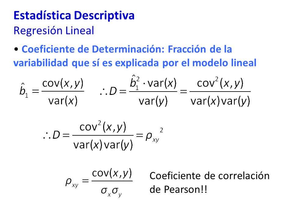 Estadística Descriptiva Regresión Lineal Coeficiente de Determinación: Fracción de la variabilidad que sí es explicada por el modelo lineal Coeficiente de correlación de Pearson!!