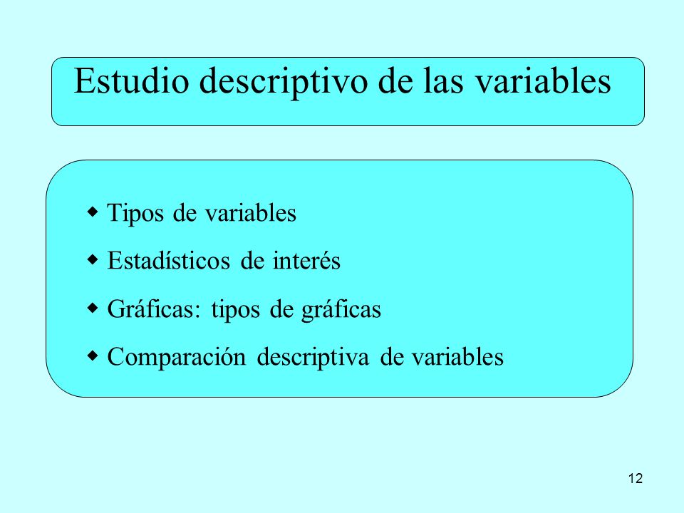 12 Estudio descriptivo de las variables  Tipos de variables  Estadísticos de interés  Gráficas: tipos de gráficas  Comparación descriptiva de variables