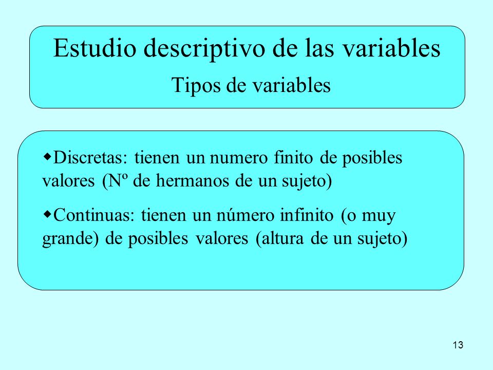 13 Estudio descriptivo de las variables Tipos de variables  Discretas: tienen un numero finito de posibles valores (Nº de hermanos de un sujeto)  Continuas: tienen un número infinito (o muy grande) de posibles valores (altura de un sujeto)