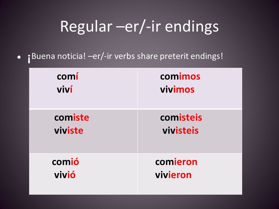 Regular –er/-ir endings ¡ Buena noticia. –er/-ir verbs share preterit endings.