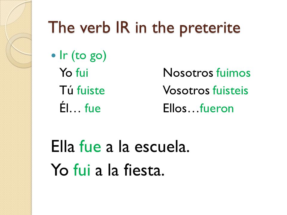 The verb IR in the preterite Ir (to go) Yo fuiNosotros fuimos Tú fuisteVosotros fuisteis Él… fueEllos…fueron Ella fue a la escuela.