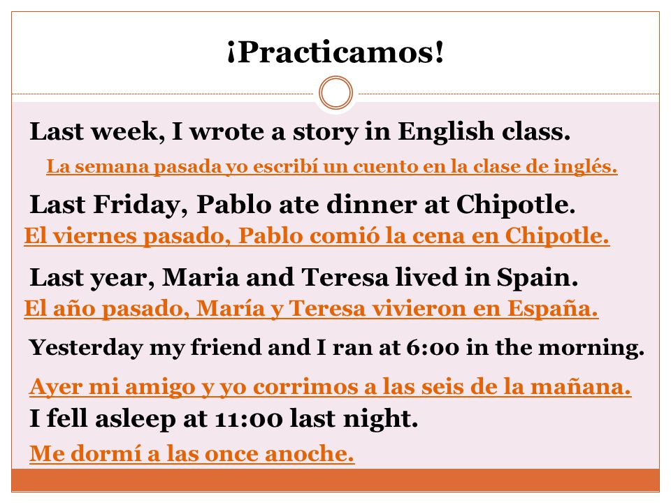 ¡Practicamos. Last week, I wrote a story in English class.