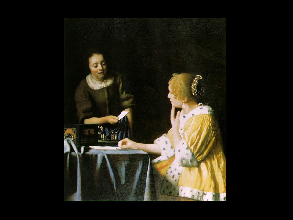 La pintura de Vermeer es la pintura del instante, captura la luz y de un modo sutil su pincel va degradándola hasta envolver a los personajes en una atmósfera casi tangible, reflejando el momento como si fuese una fotografía.