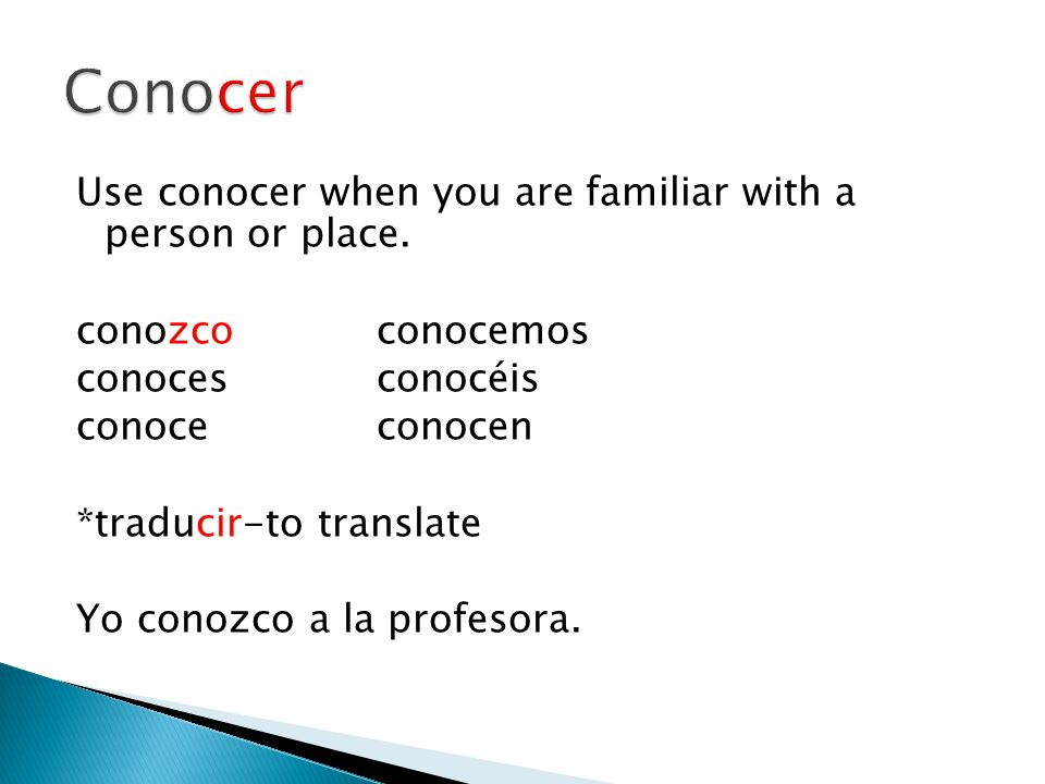 Use conocer when you are familiar with a person or place.