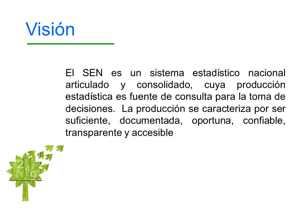 Visión El SEN es un sistema estadístico nacional articulado y consolidado, cuya producción estadística es fuente de consulta para la toma de decisiones.