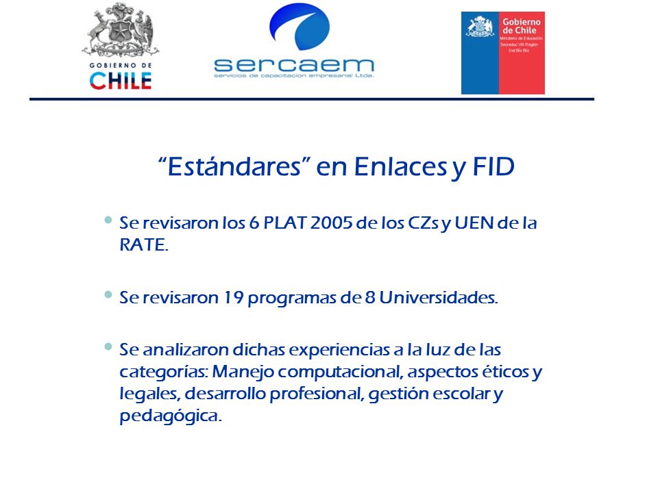 Estándares en Enlaces y FID Se revisaron los 6 PLAT 2005 de los CZs y UEN de la RATE.