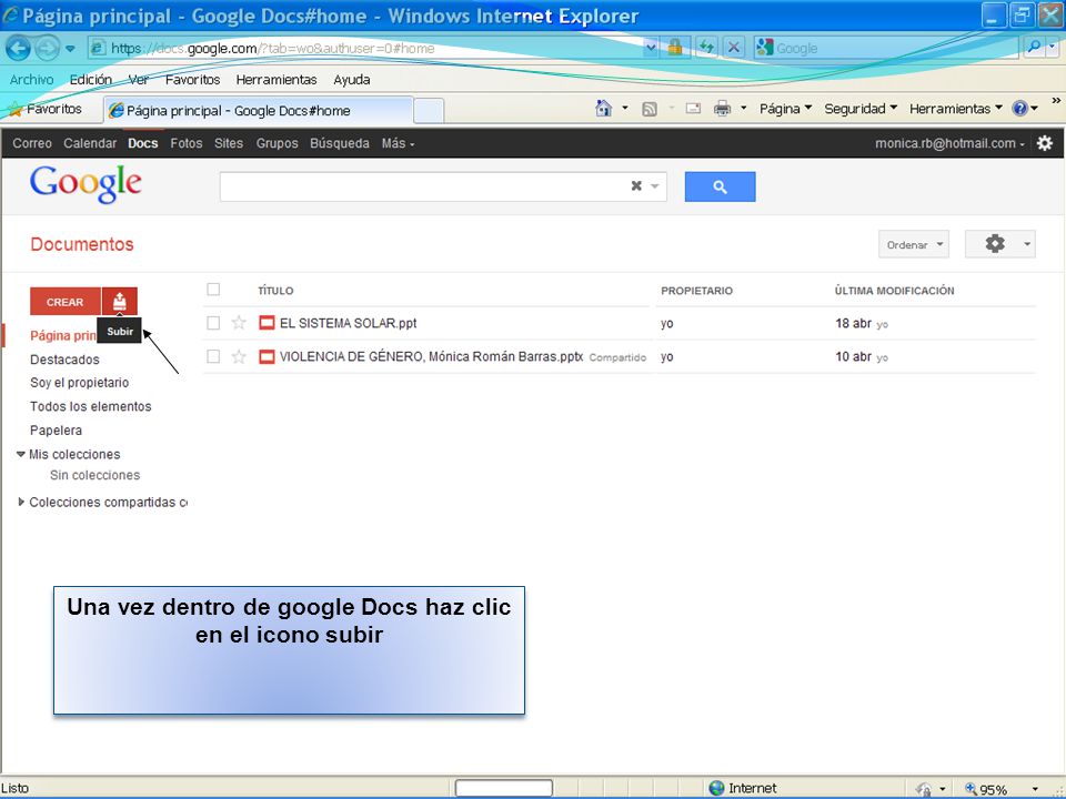 Una vez dentro de google Docs haz clic en el icono subir
