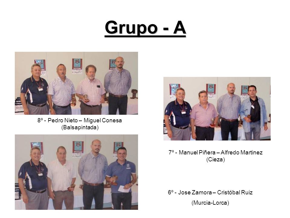 Grupo - A 8º - Pedro Nieto – Miguel Conesa (Balsapintada) 7º - Manuel Piñera – Alfredo Martinez (Cieza) 6º - Jose Zamora – Cristóbal Ruiz (Murcia-Lorca)