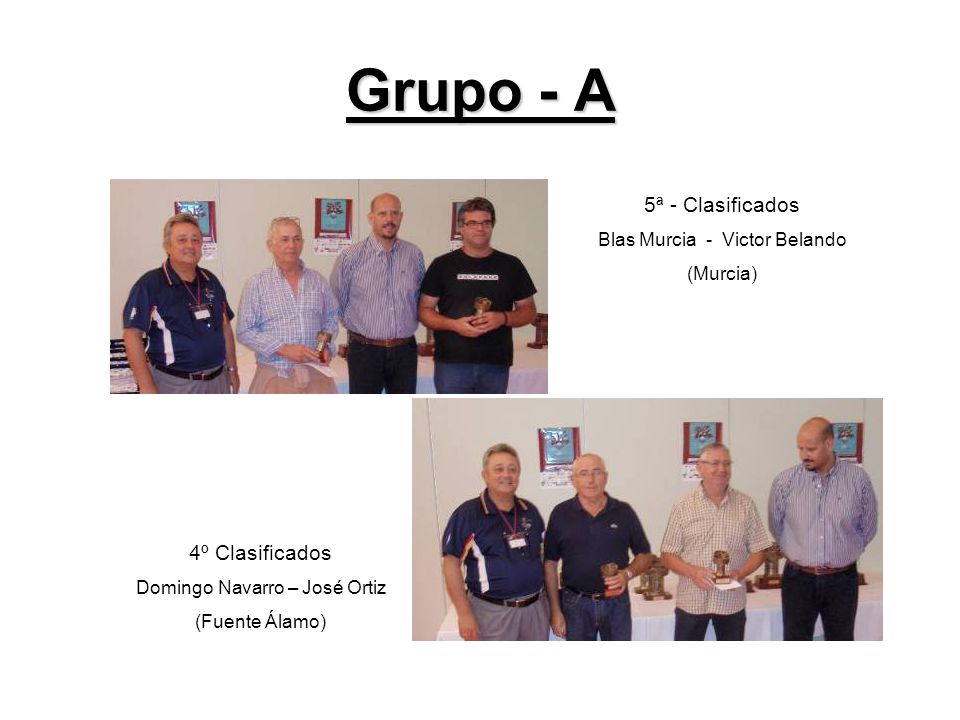 Grupo - A 5ª - Clasificados Blas Murcia - Victor Belando (Murcia) 4º Clasificados Domingo Navarro – José Ortiz (Fuente Álamo)