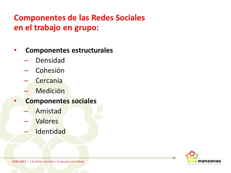 ILGO 2011 | Las Redes Sociales y los grupos de trabajo Componentes de las Redes Sociales en el trabajo en grupo: Componentes estructurales – Densidad – Cohesión – Cercanía – Medición Componentes sociales – Amistad – Valores – Identidad