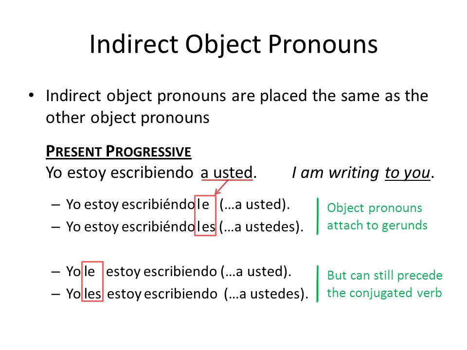 Indirect Object Pronouns Indirect object pronouns are placed the same as the other object pronouns P RESENT P ROGRESSIVE Yo estoy escribiendo a usted.