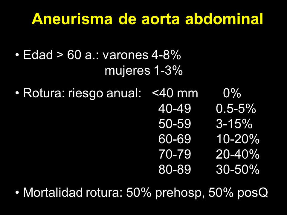 Aneurisma de aorta abdominal Edad > 60 a.: varones 4-8% mujeres 1-3% Rotura: riesgo anual: <40 mm 0% % % % % % Mortalidad rotura: 50% prehosp, 50% posQ