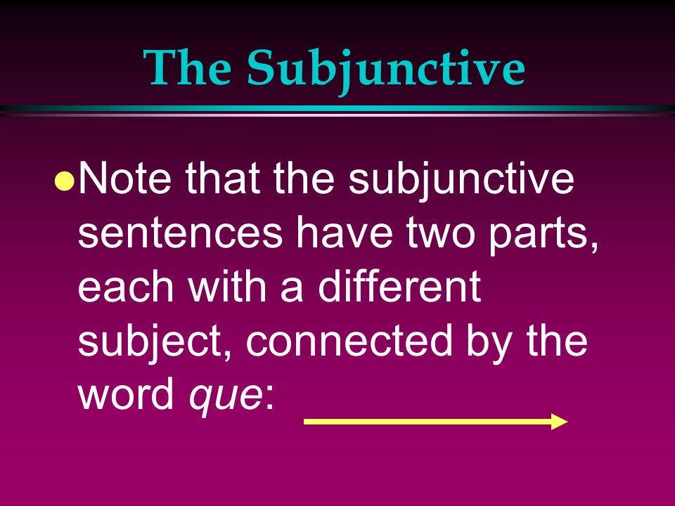 2 Clauses Ella sugiere que yo aprenda francés Independent clause (stands on its own) Subject > Verb Separated by the word que Dependent clause (can’t stand on its own) Begins with the word que. Indicative Verb Subjunctive Verb