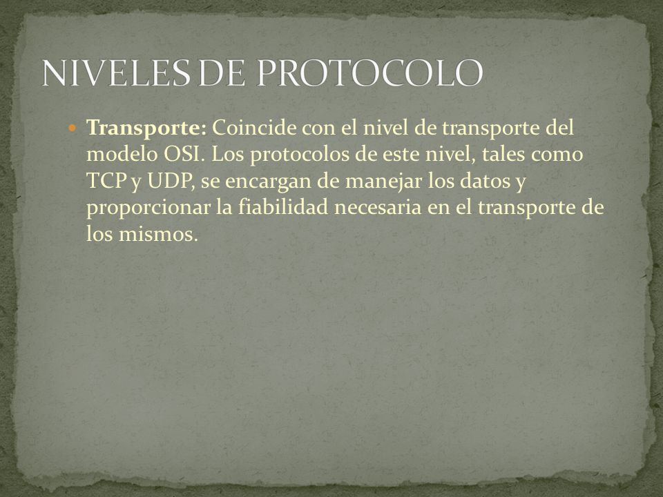 Transporte: Coincide con el nivel de transporte del modelo OSI.