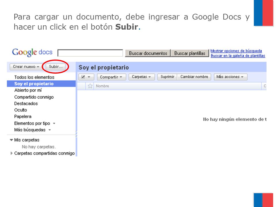 Para cargar un documento, debe ingresar a Google Docs y hacer un click en el botón Subir.