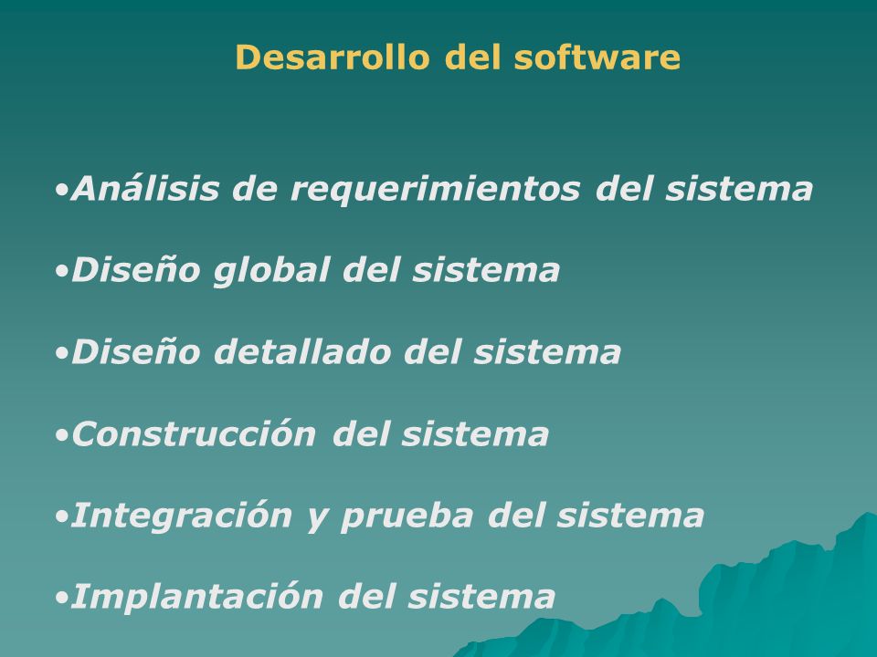 Análisis de requerimientos del sistema Diseño global del sistema Diseño detallado del sistema Construcción del sistema Integración y prueba del sistema Implantación del sistema Desarrollo del software