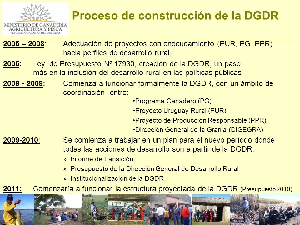 Proceso de construcción de la DGDR 2005 – 2008: Adecuación de proyectos con endeudamiento (PUR, PG, PPR) hacia perfiles de desarrollo rural.