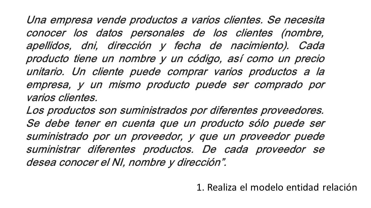 Ejemplo. Una empresa vende productos a varios clientes. Se necesita conocer  los datos personales de los clientes (nombre, apellidos, dni, dirección y.  - ppt descargar