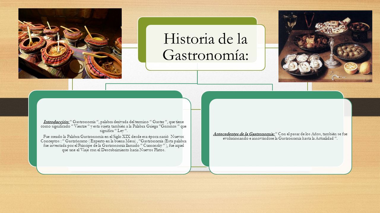 Historia de la Gastronomía: Introducción: “ Gastronomía “, palabra derivada  del termino “ Gaster “, que tiene como significado “ Vientre “ y esta  sujeta. - ppt descargar