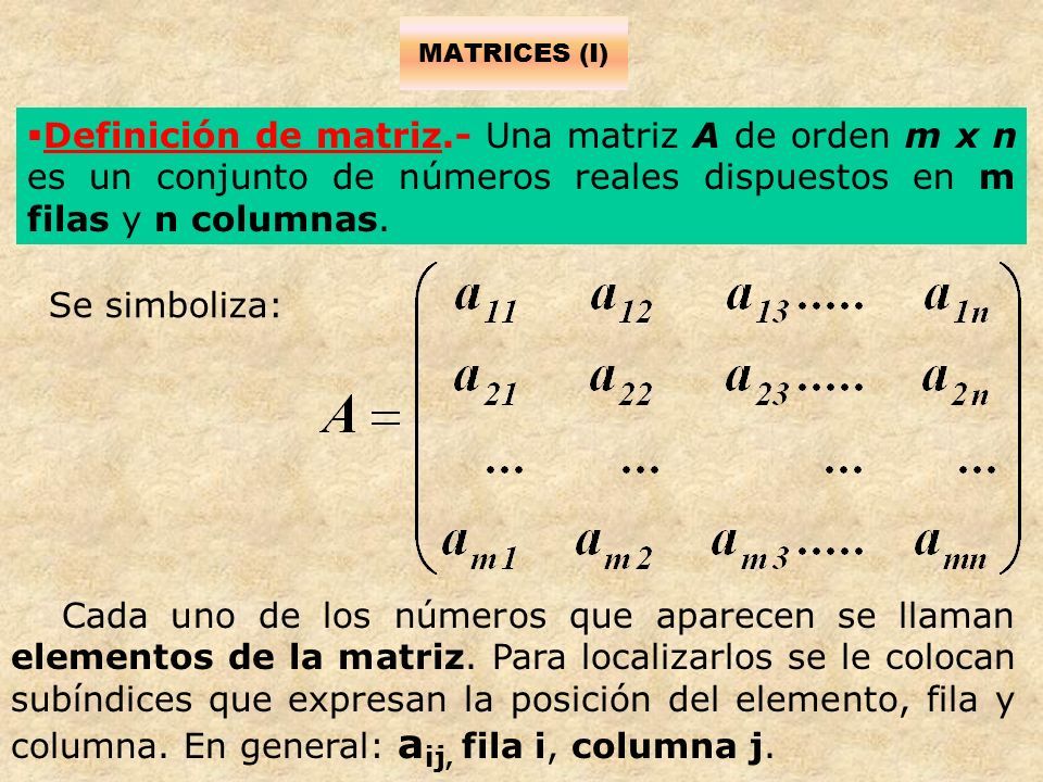 Matrices I Definición De Matriz Una Matriz A De Orden M X N Es Un Conjunto De Números Reales 0067