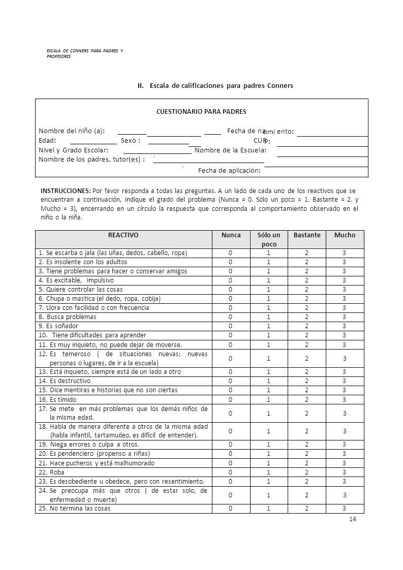 Escala De Conners Para Padres Y Profesores I Cuestionario Abreviado Para Padresmaestros