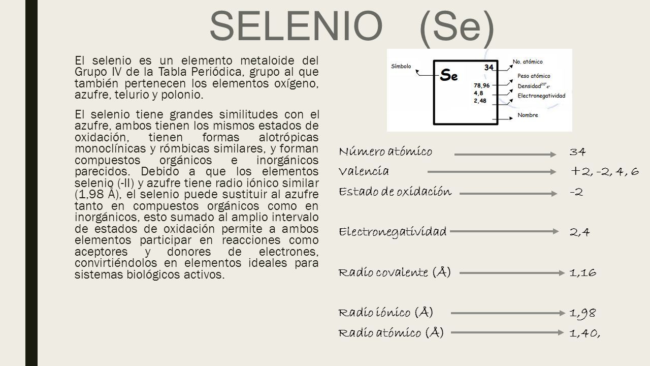 SELENIO. El selenio es un elemento metaloide del Grupo IV de la Tabla  Periódica, grupo al que también pertenecen los elementos oxígeno, azufre,  telurio. - ppt descargar