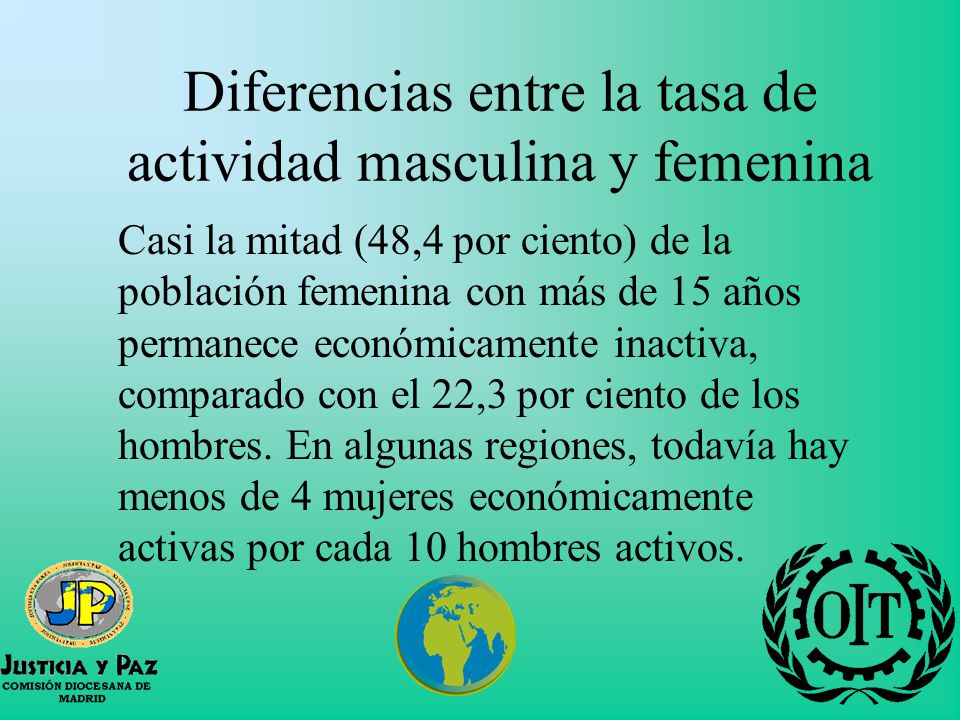 Diferencias entre la tasa de actividad masculina y femenina Casi la mitad (48,4 por ciento) de la población femenina con más de 15 años permanece económicamente inactiva, comparado con el 22,3 por ciento de los hombres.
