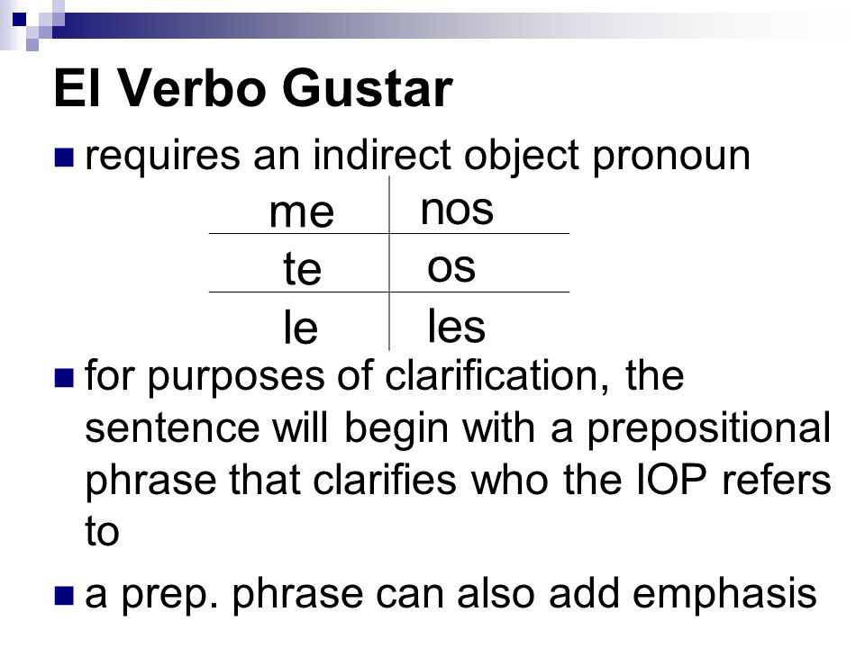 El Verbo Gustar requires an indirect object pronoun for purposes of clarification, the sentence will begin with a prepositional phrase that clarifies who the IOP refers to a prep.