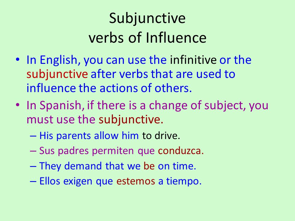 Subjunctive verbs of influence We already know how to use the subjunctive after verbs that express hope.