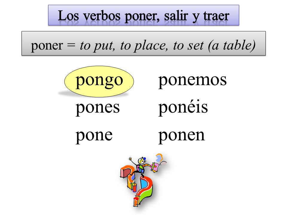 pongo pones pone ponemos ponéis ponen poner = to put, to place, to set (a table)