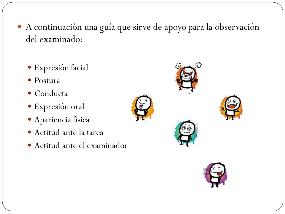 A continuación una guía que sirve de apoyo para la observación del examinado: Expresión facial Postura Conducta Expresión oral Apariencia física Actitud ante la tarea Actitud ante el examinador