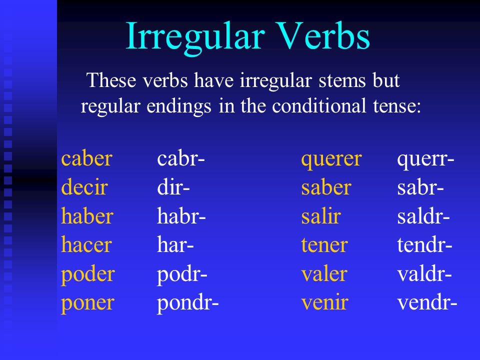 Irregular Verbs These verbs have irregular stems but regular endings in the conditional tense: cabercabr-quererquerr- decirdir-sabersabr- haberhabr-salirsaldr- hacerhar-tenertendr- poderpodr-valervaldr- ponerpondr-venirvendr-