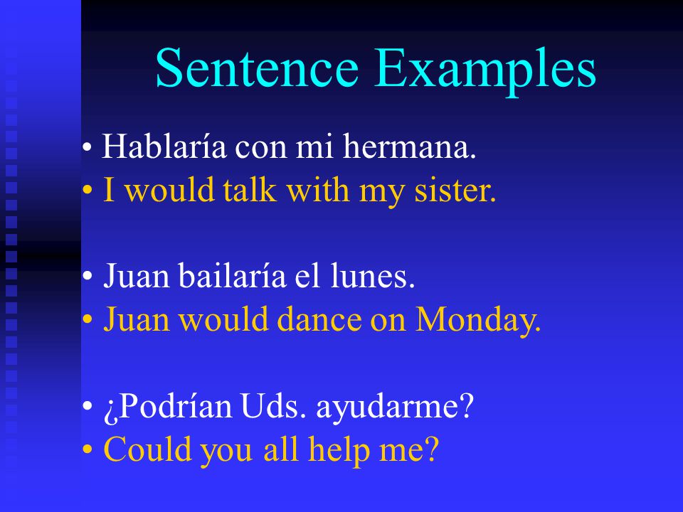 Sentence Examples Hablaría con mi hermana. I would talk with my sister.