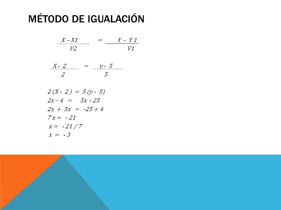 MÉTODO DE IGUALACIÓN X - X1 = Y - Y 1 V2 V1 X - 2 = y (X - 2 ) = 5 (y - 5) 2x – 4 = 5x x + 5x = x = - 21 x = - 21 / 7 x = - 3