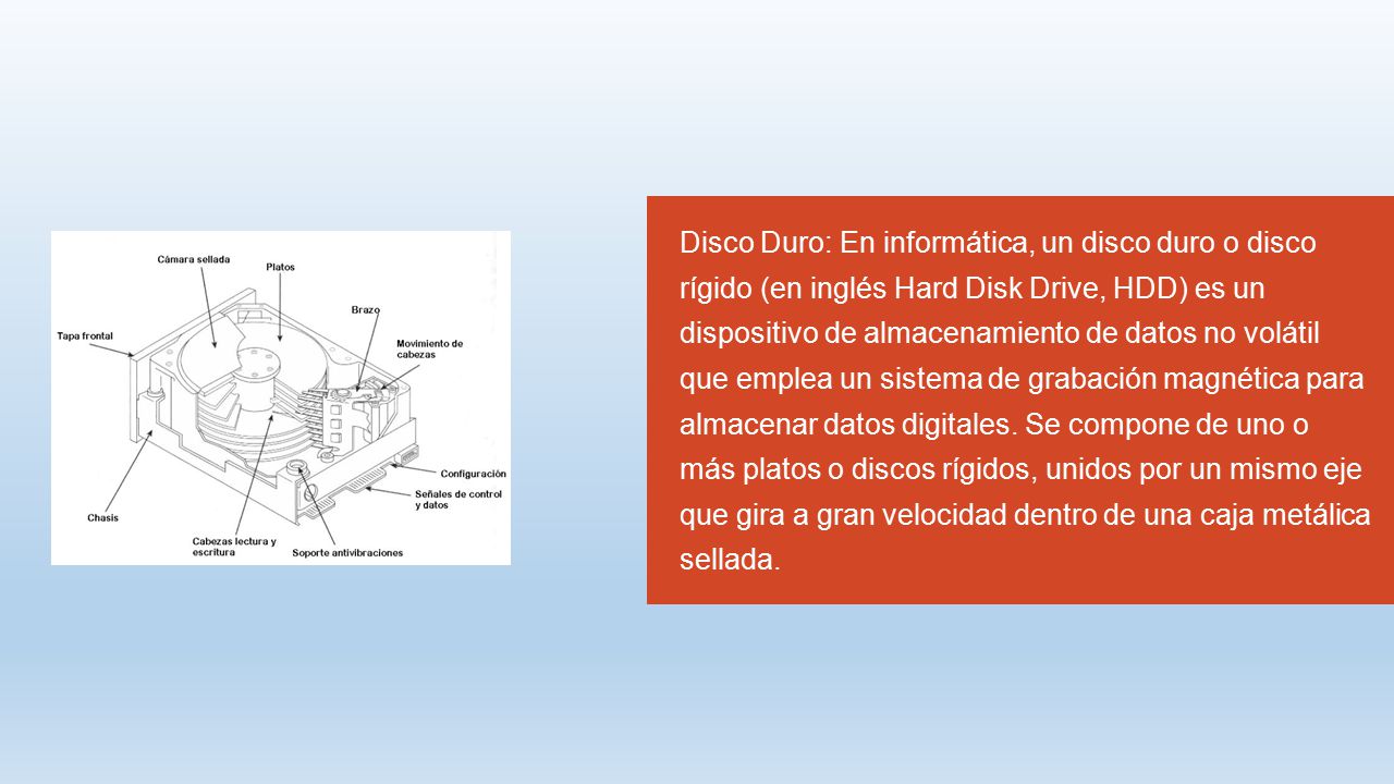 Disco Duro: En informática, un disco duro o disco rígido (en inglés Hard Disk Drive, HDD) es un dispositivo de almacenamiento de datos no volátil que emplea un sistema de grabación magnética para almacenar datos digitales.