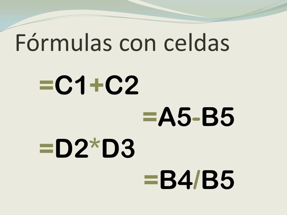 Fórmulas con celdas =C1+C2 =A5-B5 =D2*D3 =B4/B5