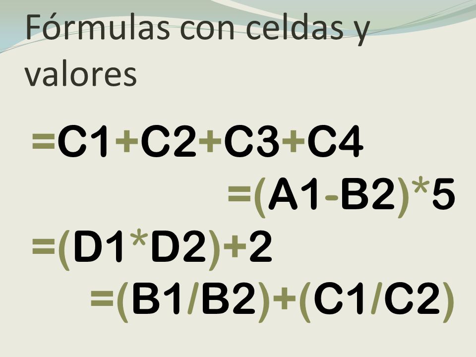 Fórmulas con celdas y valores =C1+C2+C3+C4 =(A1-B2)*5 =(D1*D2)+2 =(B1/B2)+(C1/C2)