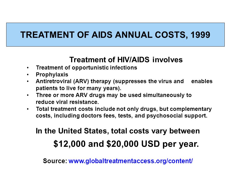 TREATMENT OF AIDS ANNUAL COSTS, 1999 Treatment of HIV/AIDS involves Treatment of opportunistic infections Prophylaxis Antiretroviral (ARV) therapy (suppresses the virus and enables patients to live for many years).