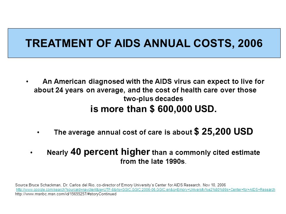 TREATMENT OF AIDS ANNUAL COSTS, 2006 Source:Bruce Schackman, Dr.