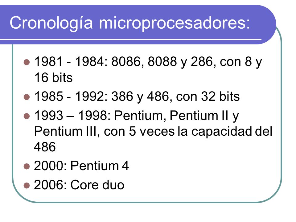 Cronología microprocesadores: : 8086, 8088 y 286, con 8 y 16 bits : 386 y 486, con 32 bits 1993 – 1998: Pentium, Pentium II y Pentium III, con 5 veces la capacidad del : Pentium : Core duo
