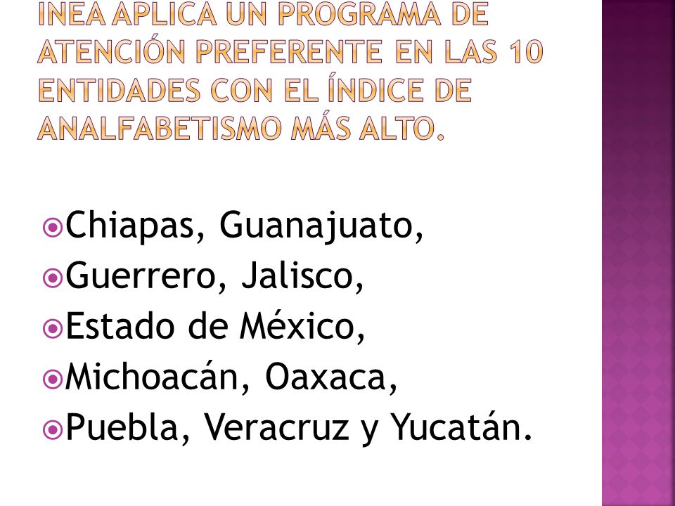  Chiapas, Guanajuato,  Guerrero, Jalisco,  Estado de México,  Michoacán, Oaxaca,  Puebla, Veracruz y Yucatán.