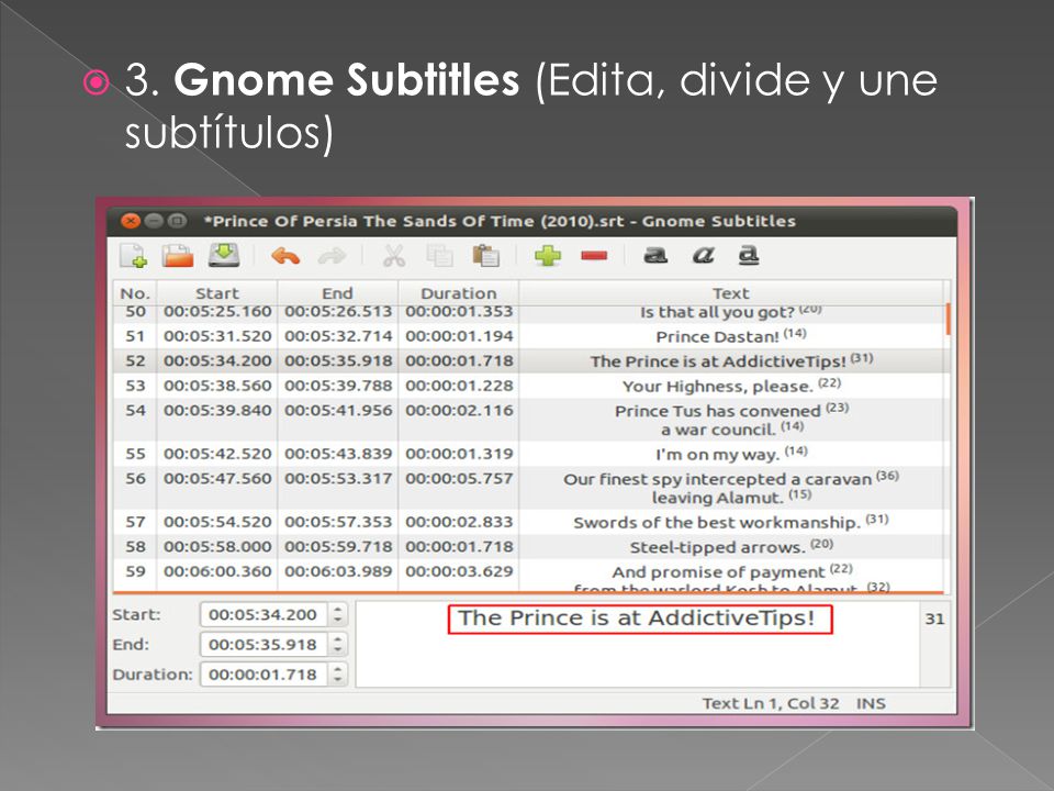  3. Gnome Subtitles (Edita, divide y une subtítulos)