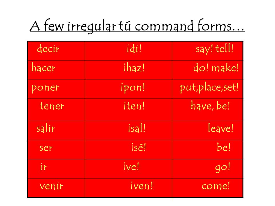 A few irregular tú command forms… decir ¡di. say.